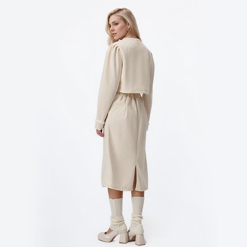 Spliced Round Neck Top Solid Color A-line Skirt Set Two-piece