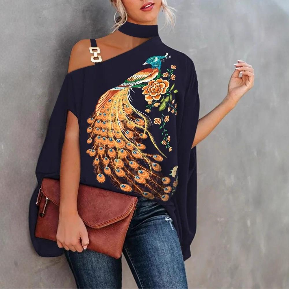 Women's Halter Neck Cold Shoulder Batwing Short Sleeve Loose Mixed Print Summer Blouse Shirt