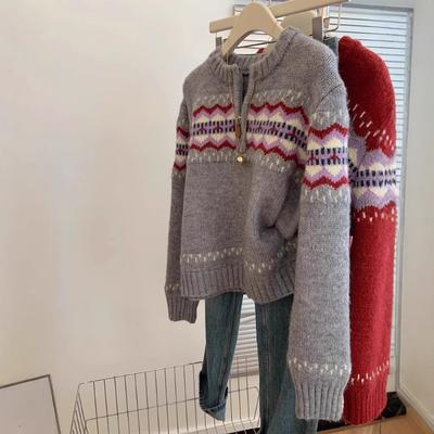 Gray Christmas Sweater Women's New Autumn and Winter Retro Lazy Wind Turtleneck Knitted Cardigan Jacket