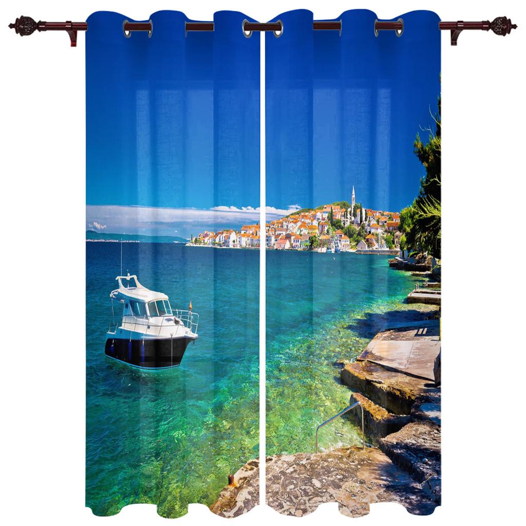Sunset Sea Black Ship Window Curtain Modern European Style Curtains for Bedroom Living Room Backdrop Curtain