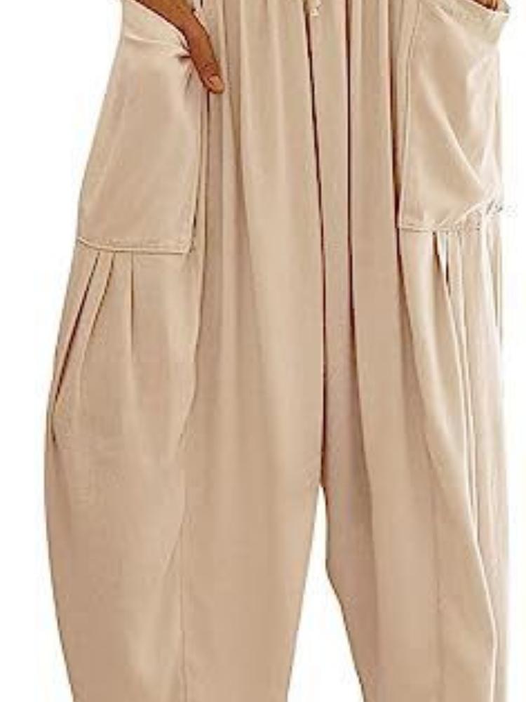 Elastic waisted pleated high waisted wide leg pants, loose casual cotton and linen pants