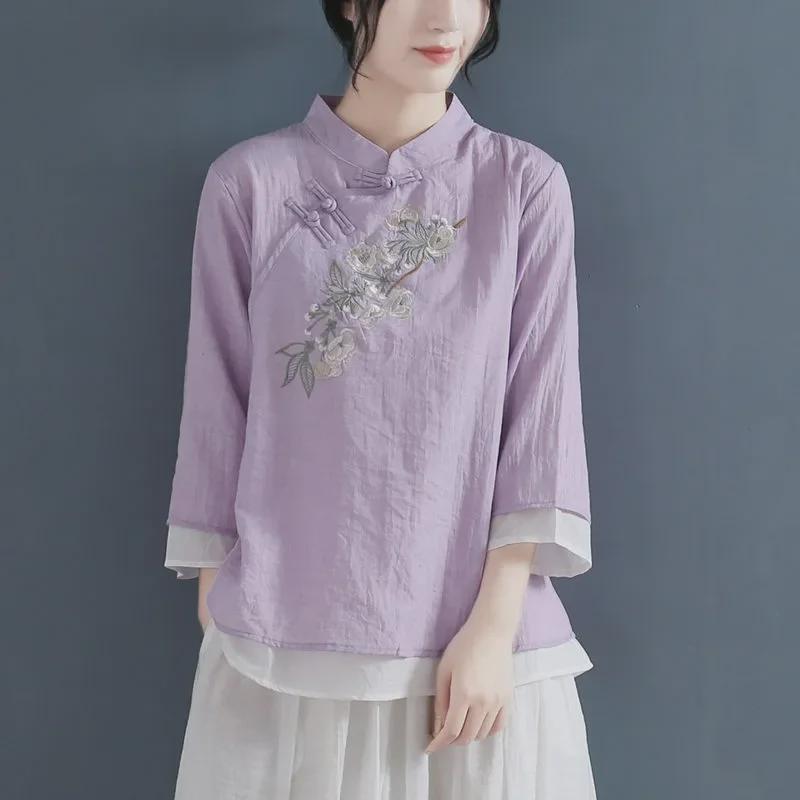 Women's V-Neck Retro Embroidered Cotton-Linen T-Shirt, 3/4 Sleeve, Spring-Summer-Autumn 2024, Casual Literary Style.