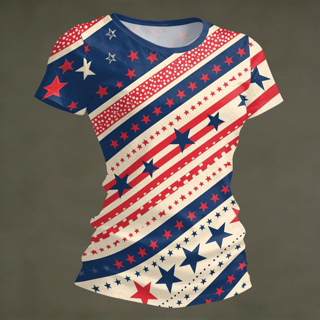 Women's Fashion Round Neck Independence Day Print Short Sleeve Loose Crewneck T-Shirt Top