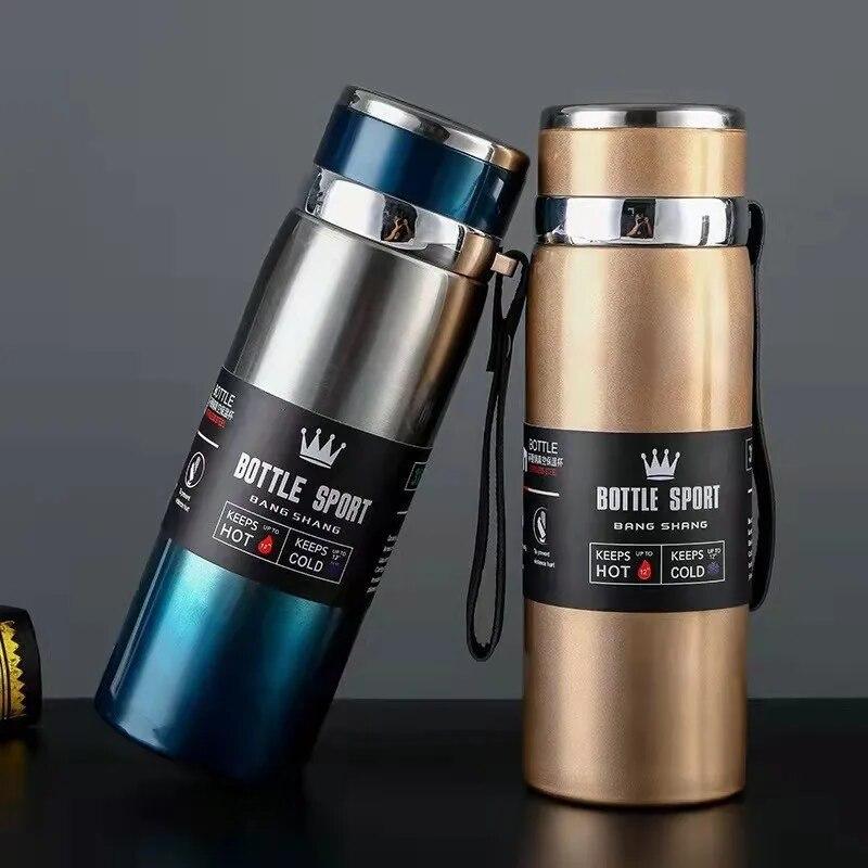 Bouteille d'eau isotherme de 1 L avec paille, gourde de sport en acier inoxydable avec couvercle, tasse thermique de voyage à large ouverture