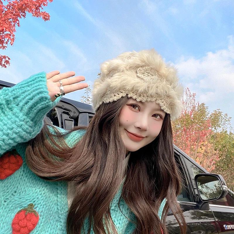 Real Rabbit haired Hat Women's Autumn and Winter Travel In Western Sichuan Versatile Warm and Cold Hat Flower Knitted Hat Hook Flower Hat