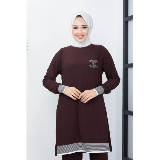 Islamska szafa damska prążkowana tunika spodnie garnitur hidżab