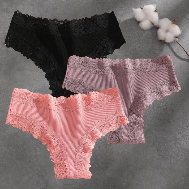 FINETOO 3Pcs Cotton Lace Patchwork Bikini Panties Women Seamless Floral Print Brazilian Pants Low Waist Breathable Female Sexy Lingerie