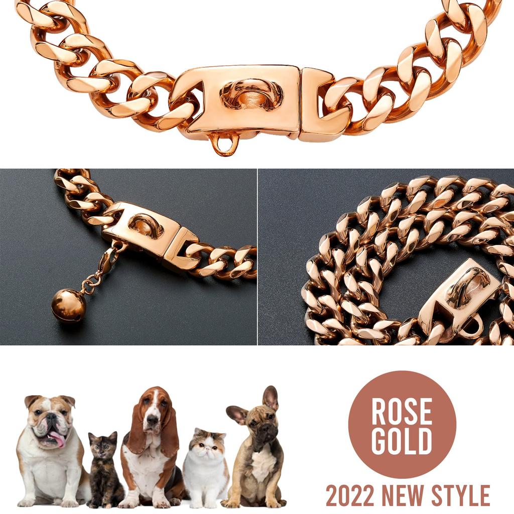 19MM Chew Proof Stainless Steel Gold Dog Chain Collar with Solid Buckle Pet Chains Collars for Large Dog