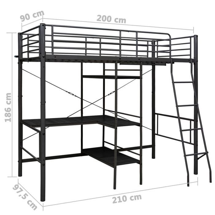 VidaXL Bunk Bed with Table Frame Bed Structure Bed Frame Children Bedroom Home Interior Black Metal 287907