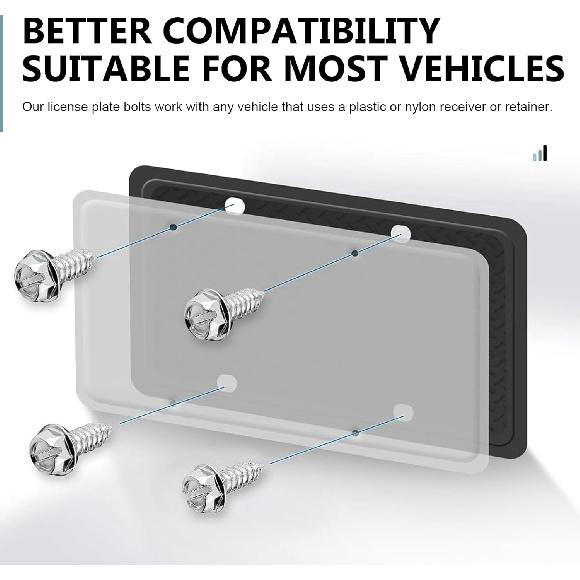 WZP 8 PCS License Plate Screw Kit, Stainless Steel Bolt Fasteners, Hexagon Head Rustproof Self Tapping Mounting Bolts, Universal for Front Rear