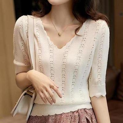 Blouse Women Summer Short Sleeve Knitted Blouse Shirt Women Tops Pullover Women Fashion Blouses 2023 Hollow Out V-Neck Knit Blouse Shirts J273