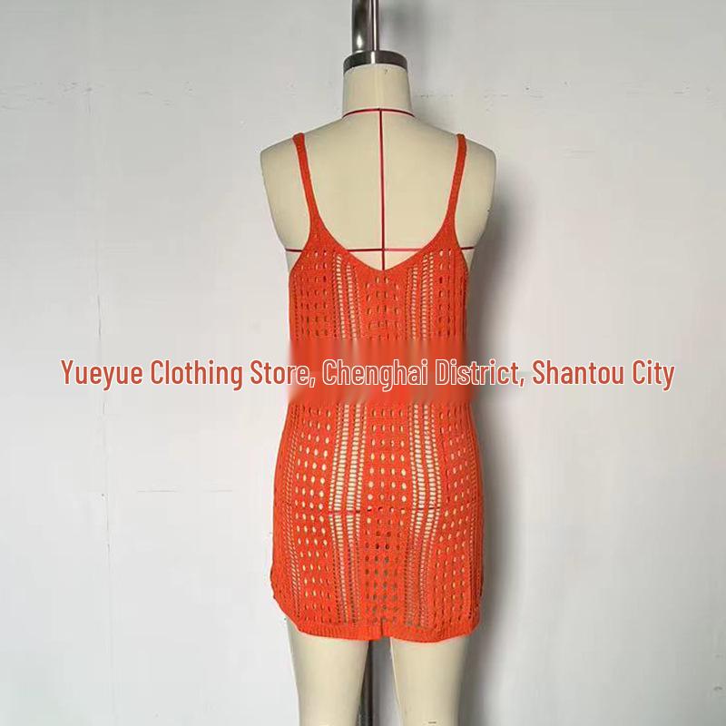 European and American Women's See-Through Spaghetti Strap Knit Beach Dress