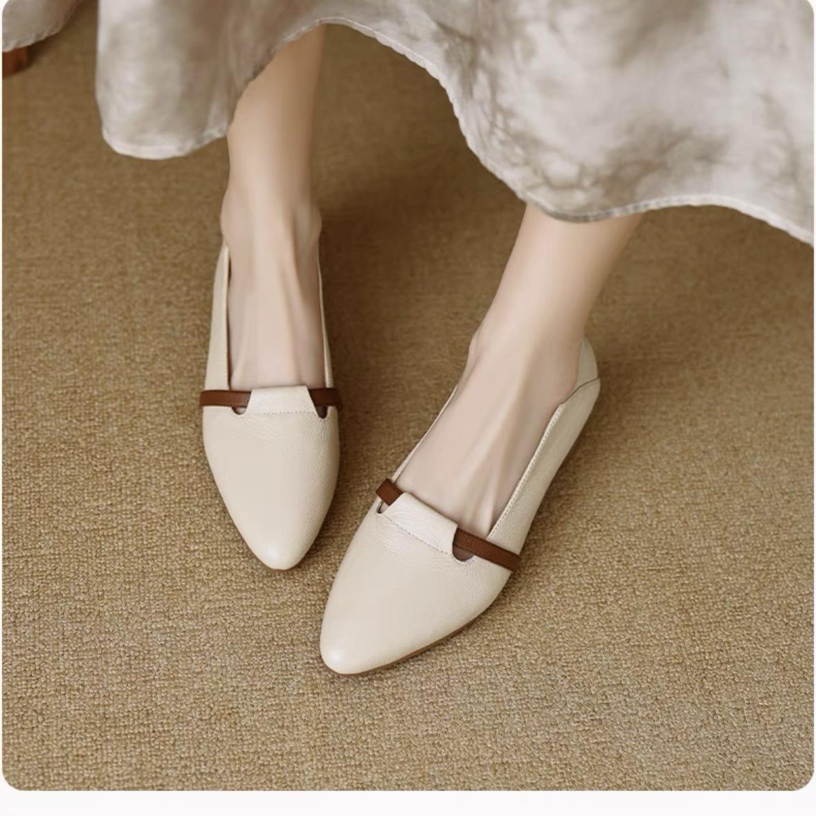 

Sheepskin low-heeled small leather shoes for women s new apricot head color matching, stepping on heels and single shoes 35