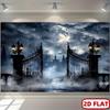 2D flat design, Gothic castle full moon night photography background, suitable for event and party supplieszyc