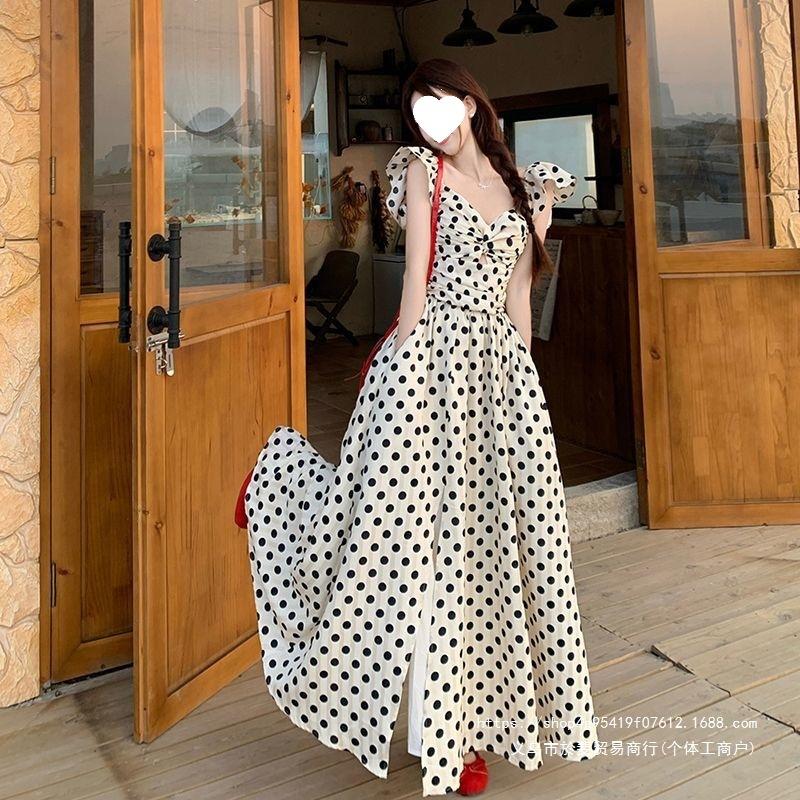 Super Fairy French High-end Polka Dot Dress for Women's Summer New Pleated Waist and Thin Temperament Flying Sleeve Long Dress