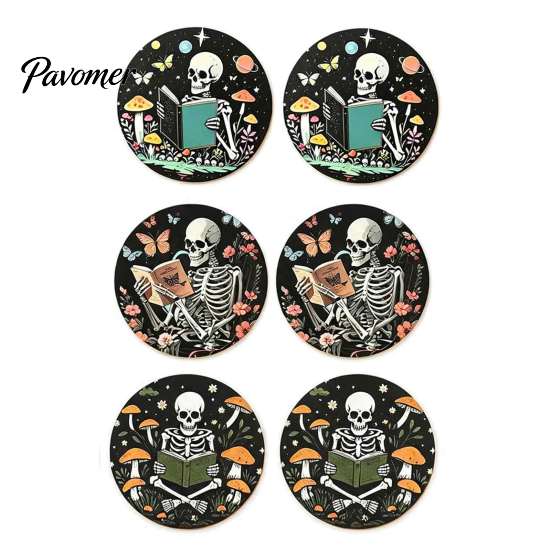 Vintage Style Coasters 6PCS Skull Pattern Wooden Coasters, Heat Insulation Moisture Absorption Drink Absorbent Retro Decorative Mats for Home