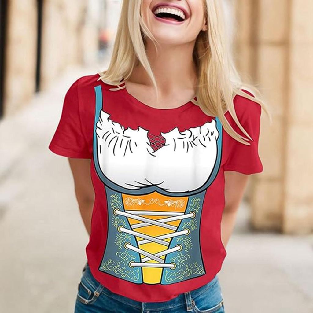 Women's Oktoberfest Festival Printed T-Shirt, Short Sleeve Round Neck Casual Pullover Top