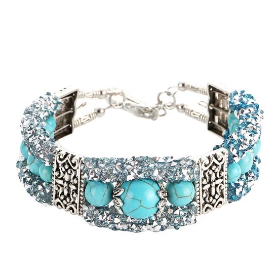 

Винтажные женские бусы из искусственной бирюзы со стразами, резной браслет, ювелирные изделия синий