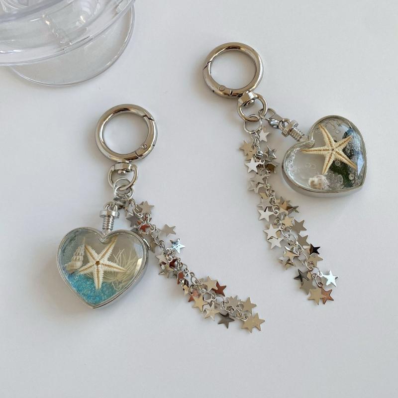 Y2K Style Summer Ocean Heart Keychain Ins Style Aesthetic Keyring Sweet Girly Keycord Fashion Bag Pendant Gifts