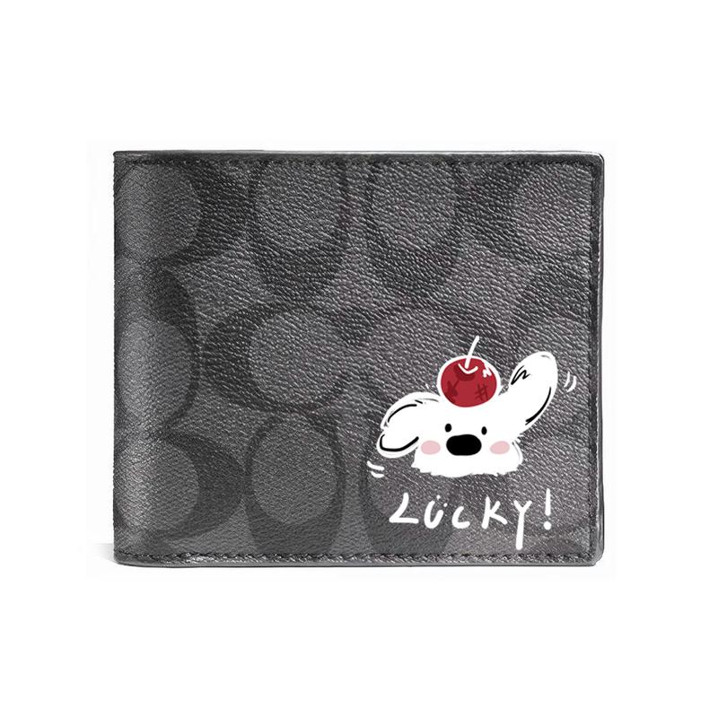 

COACH wallet [Customized bag] 3 IN 1 Hand-painted personalized graffiti Embossed printed short folding belt with detachable card black(apple puppy) чорний