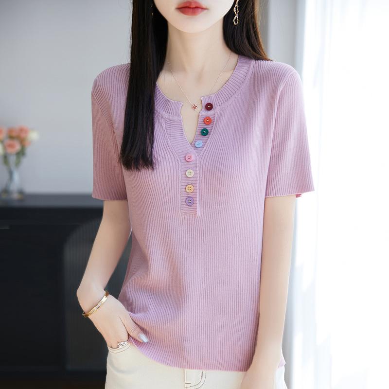 

Colorful Ice Thread Knitted Short-sleeved T-shirt, A New Summer Style That Is Slimming and Versatile, with A Crappy Base Layer Top M розовый