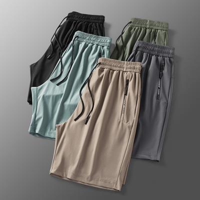 Men Shorts Elastic Waist Mid-rise Breathable Shorts with Pockets Quick Drying Ice Silk Thin Leisure Shorts