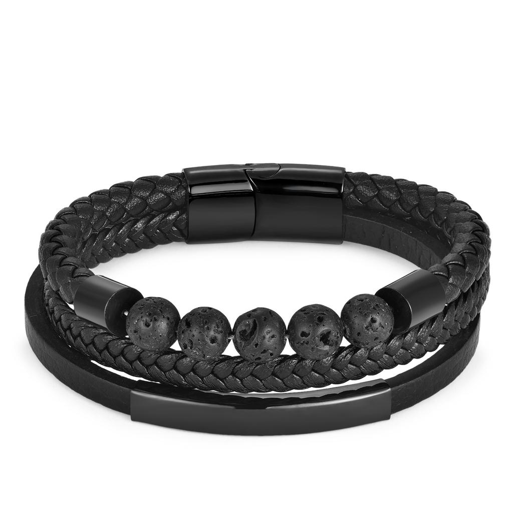 Black Leather Rope Cowhide Men's Natural Stone Volcanic Stone Woven Bracelet Handmade Multilayer Leather Bracelet 2026