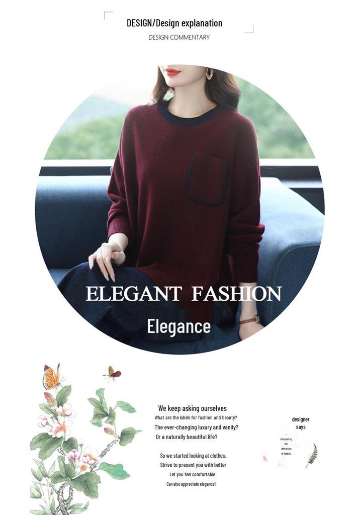 Women's Loose Pure Wool Sweater: Thickened Autumn/Winter, Round Neck, Single Pocket, Stylish Middle-Aged Mother's Knitwear.