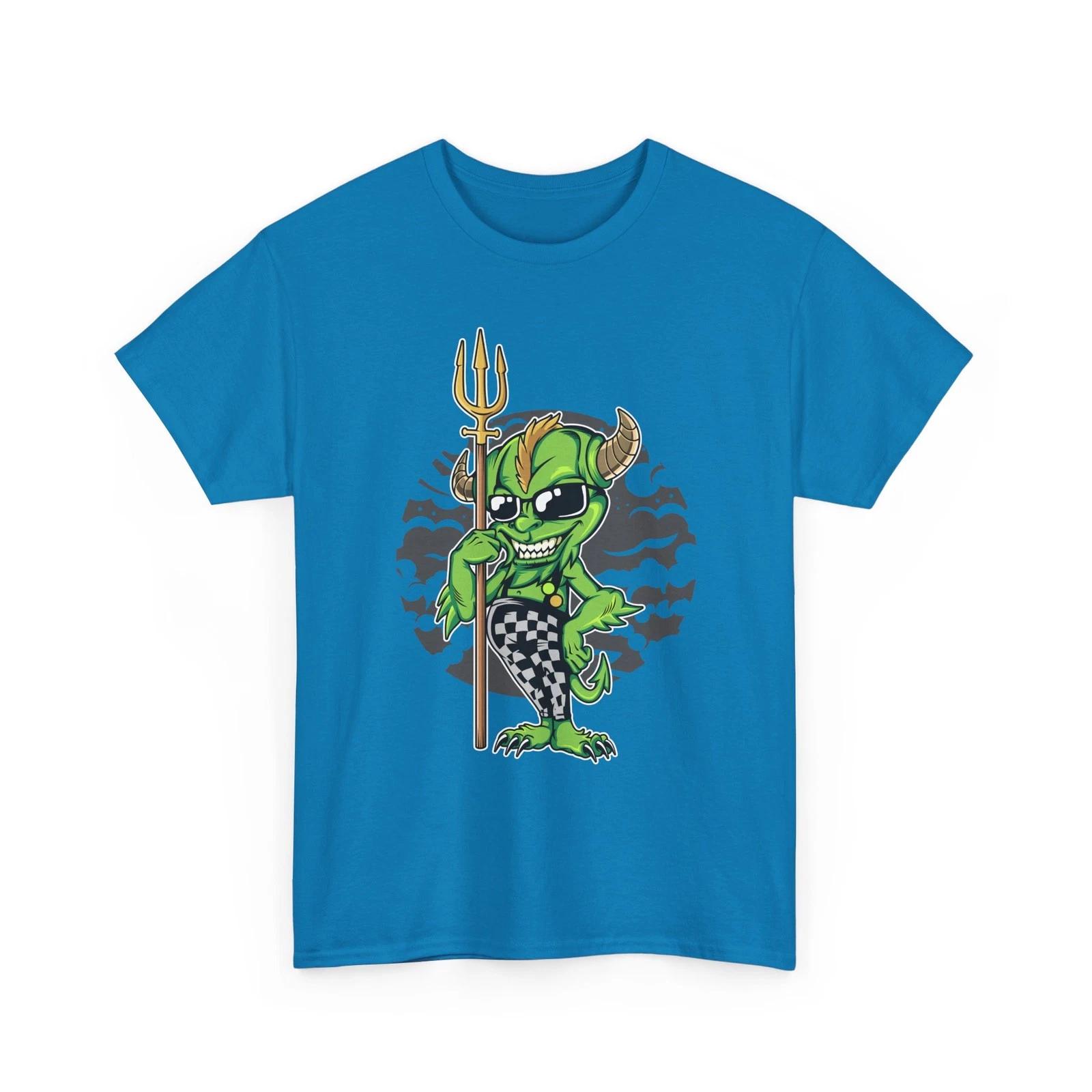 

Green Alien Trident Character T-Shirt | Checkered Shorts Graphic Tee, Cute Gift 2XL