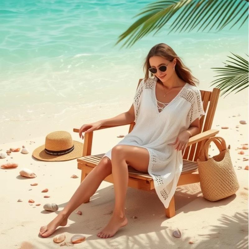 Plus Size Women's Summer Deep V Lace Up Woven Holiday Beach Bikini Smock Dress