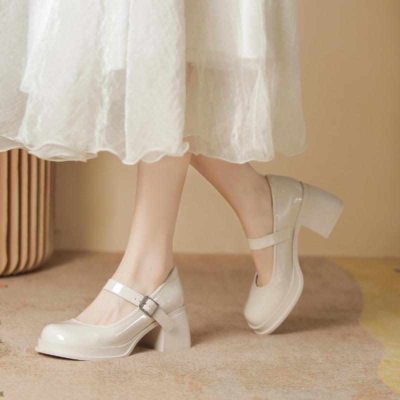 Mary Jane High Heels One-word Buckle Belt Square Head Patent Leather Temperament Thick Heel Single Shoes Are Not Tired