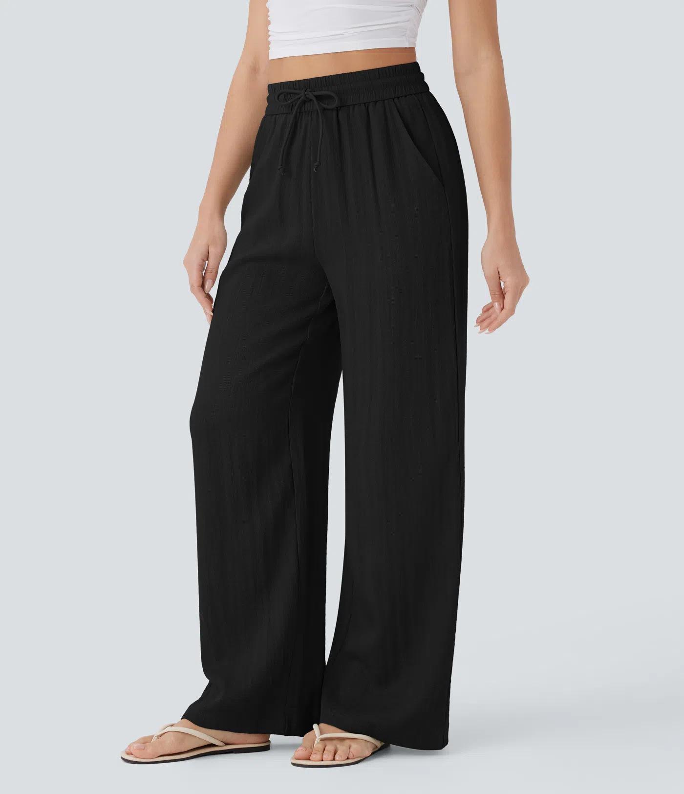 Women s Light Pink High Waist Drawstring Wide Leg Pants S чёрный
