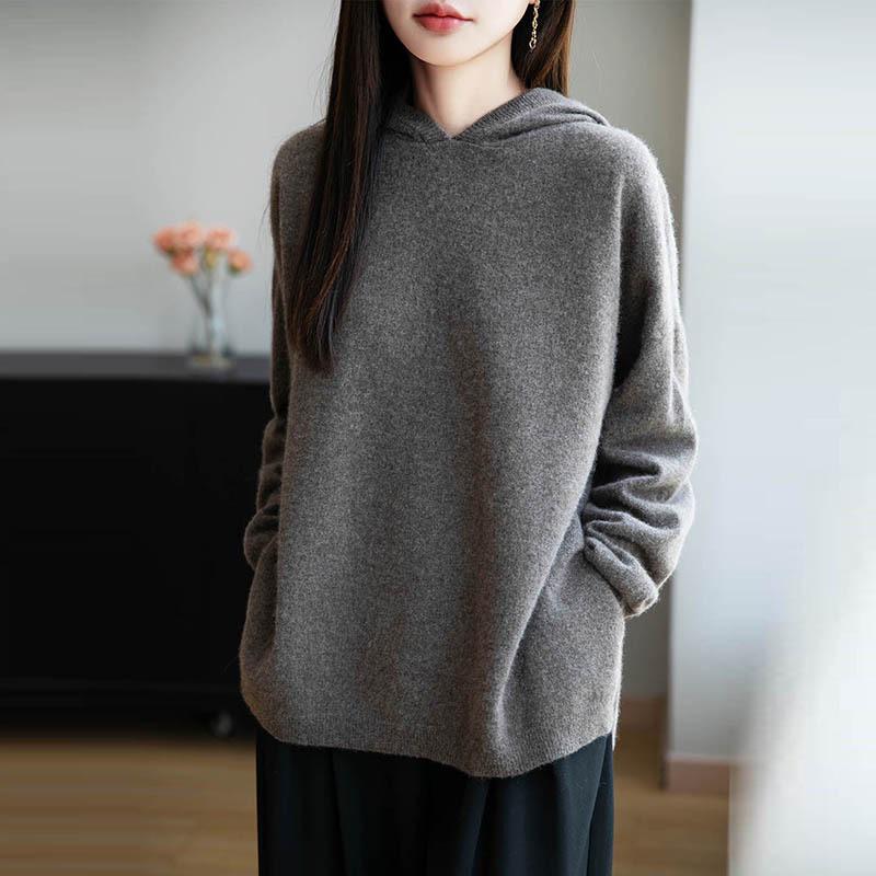 Women's Loose Fit Hooded Pure Wool Sweater – Casual Autumn/Winter Style