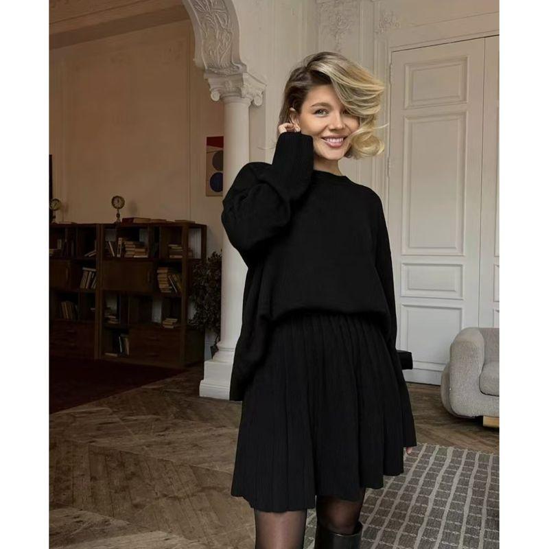 

Fashion Pure Color Crew Neck Knitting Sweater Skirt Outfit Knitted Sweater Short Skirt Set Black All yards