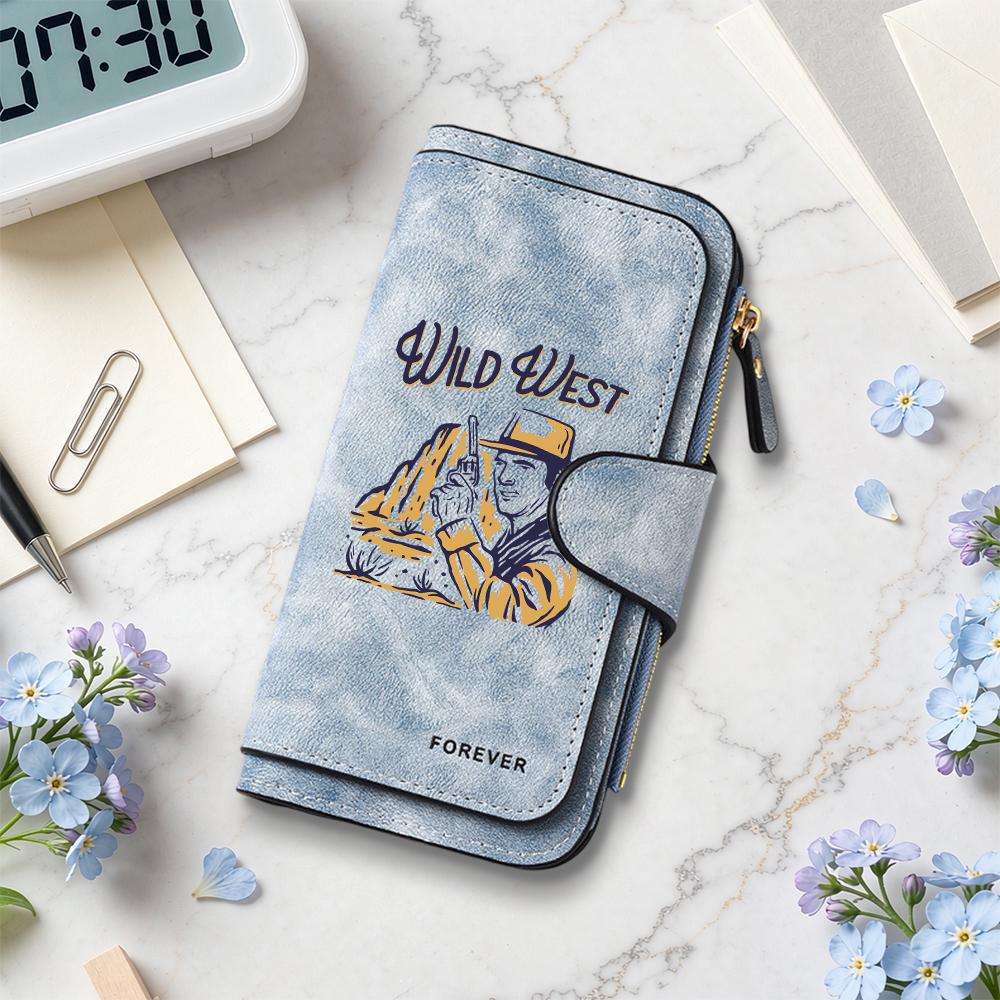 Wild West Print Long Wallet Forever Leather Purse Card Holder Retro Western Style