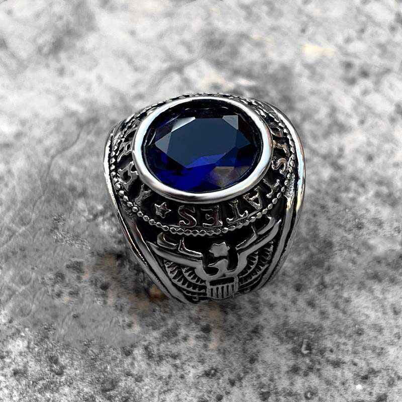 

Trendy Non-Fading Fancy Titanium Steel Ring Retro Europe and America Men and Women Hip Hop Niche Personality Single Large Ring D8 Blue Military Ring (Us Size 7 to 12) No. 7