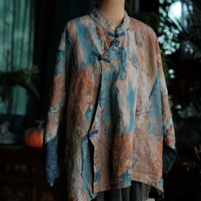 Dames Vintage Kleurverloop Shirts Tops Lente Chinese Stijl Opstaande Kraag Lange Mouwen Linnen Knopen Dames Blouses