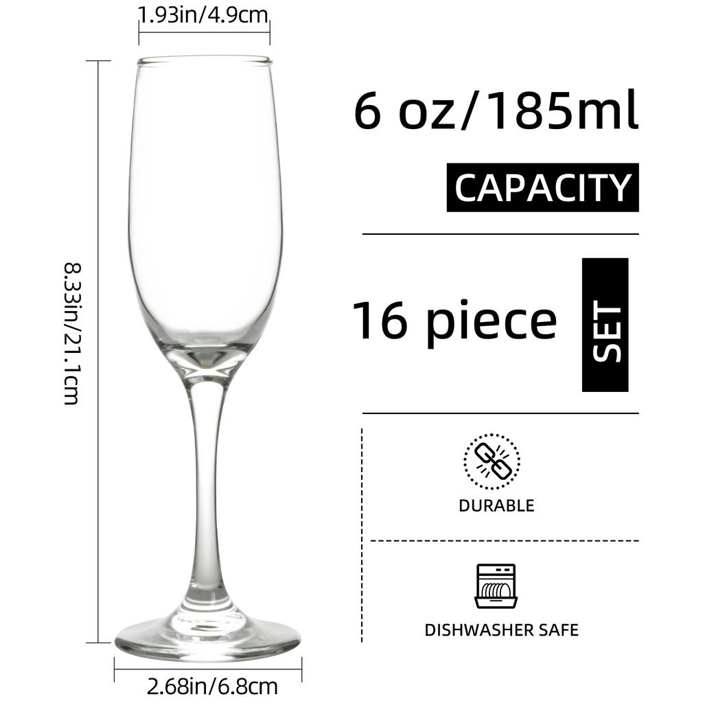 6oz 16-Pack Thickened Champagne Glasses, Heavy Duty & Shatter Resistant | Bar-Grade for Party/Wedding/Commercial Use