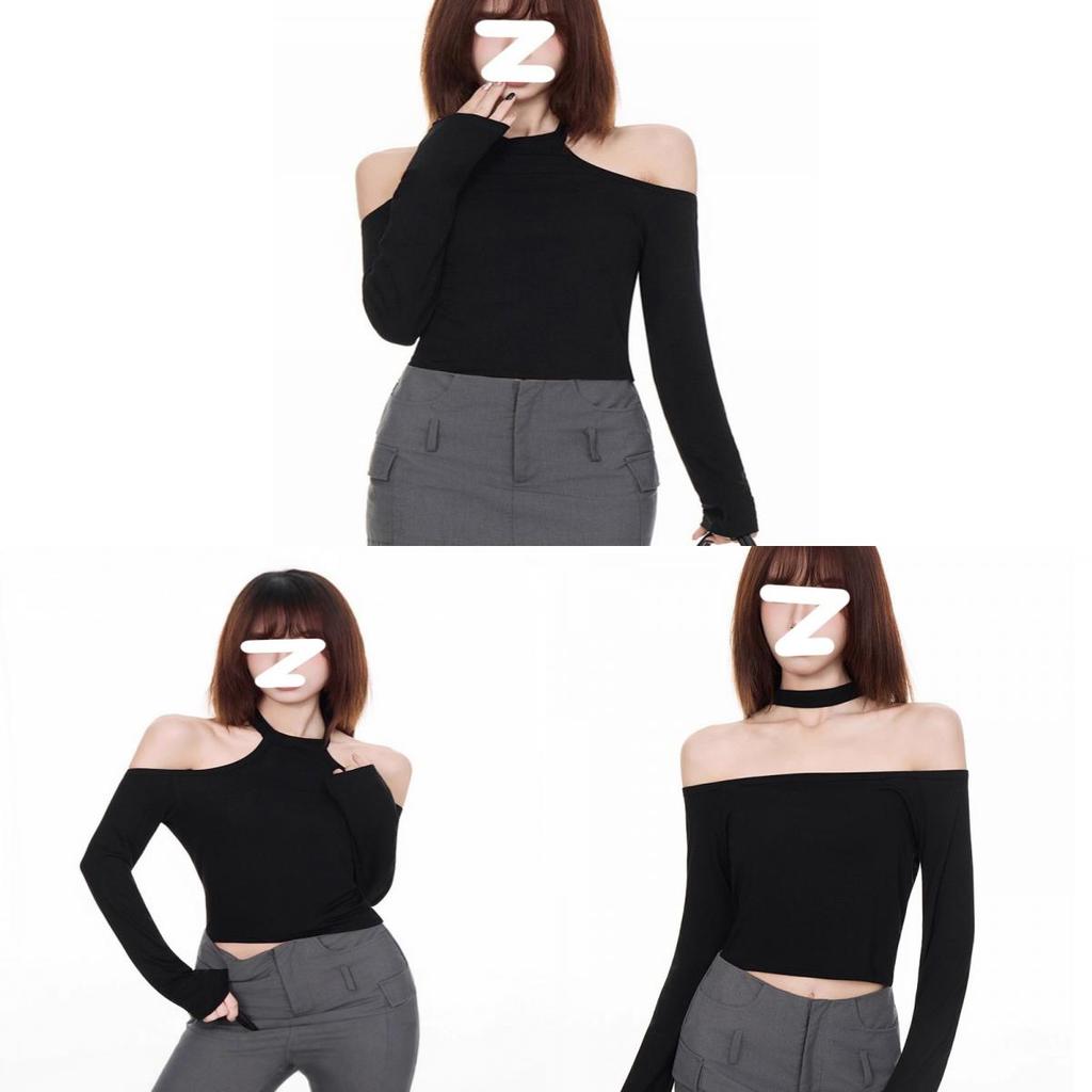 Minimalist Solid Color One Shoulder Crop Top With Spliced Long Sleeves For Casual Wear