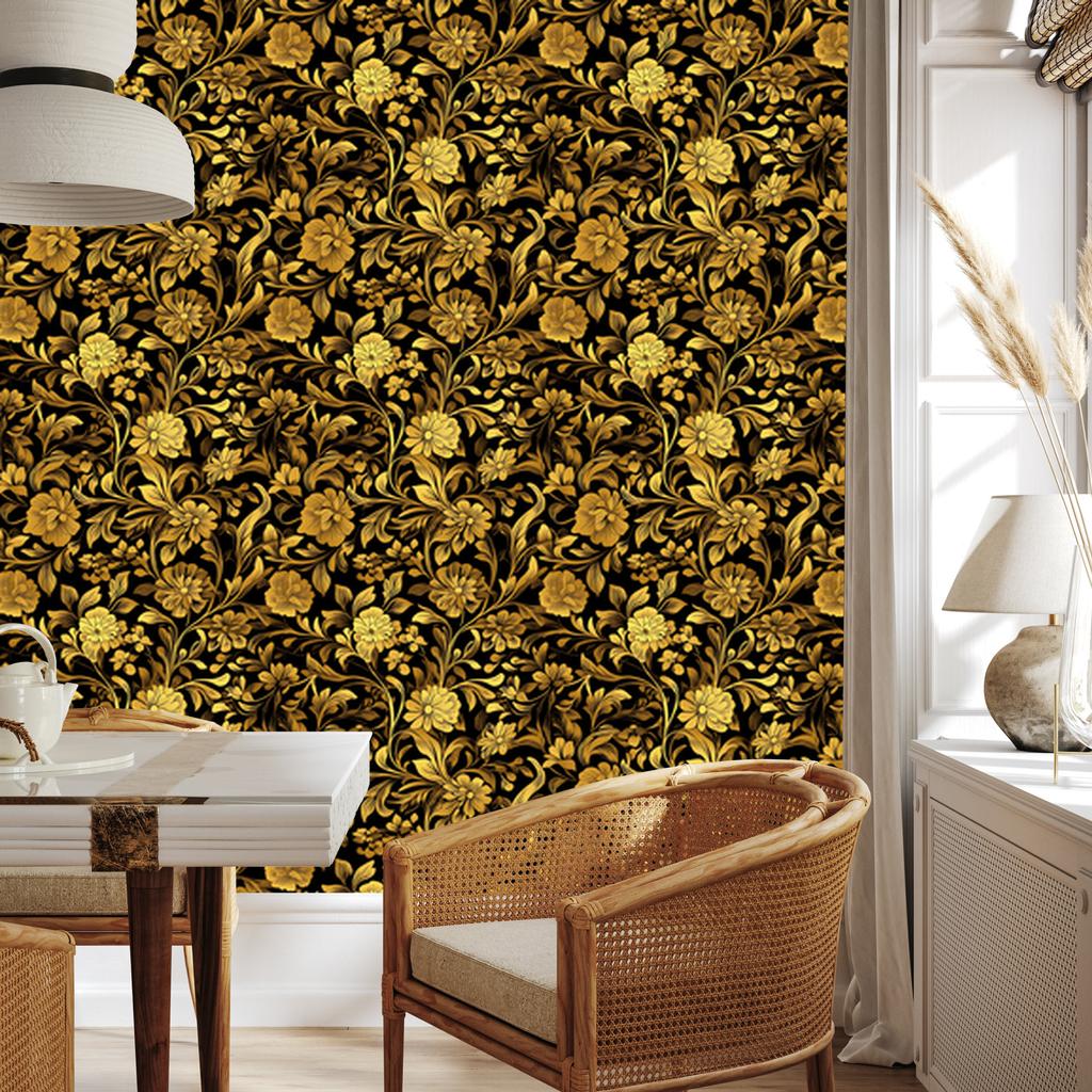 Golden Hibiscus Ochre Wallpaper, Ochre Medium for Living Room and Bedroom 50x1000