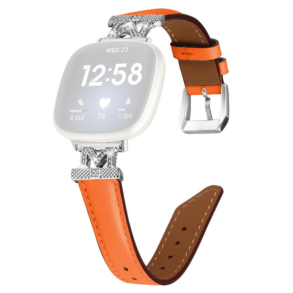 

For Fitbit Versa 3/Versa 4/Sense/Sense 2 M Shape Rhinestone Decor Genuine Cowhide Leather Watch Strap with Silver Buckle Orange