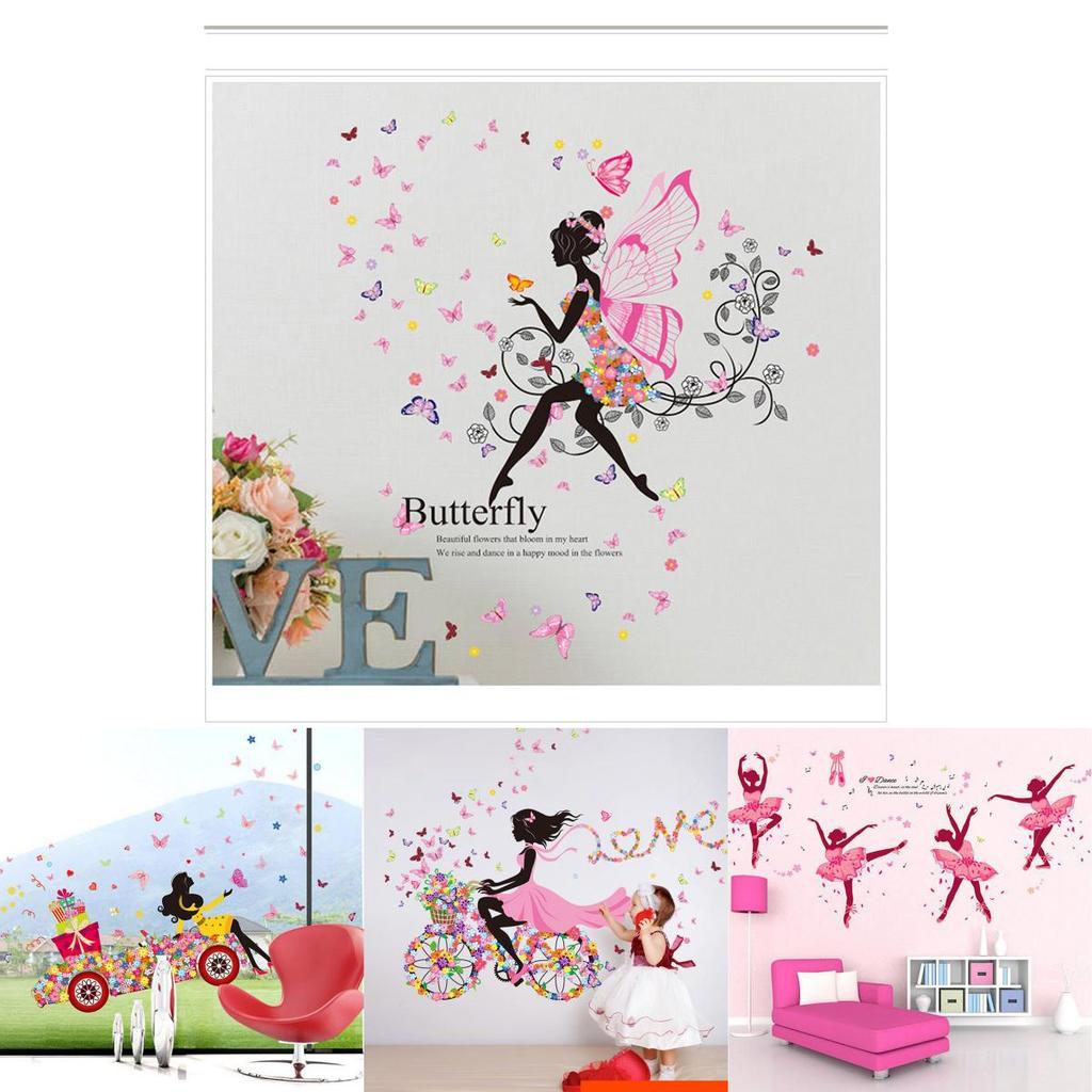 Entzückende PVC Mädchen Kunst Wandaufkleber für Kinderzimmer mit Schmetterlings- und Blumenmustern