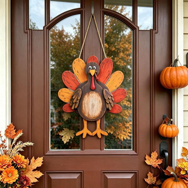 Wooden Door Hanger Thanksgiving Decor Turkey for Home Outdoor Entryway