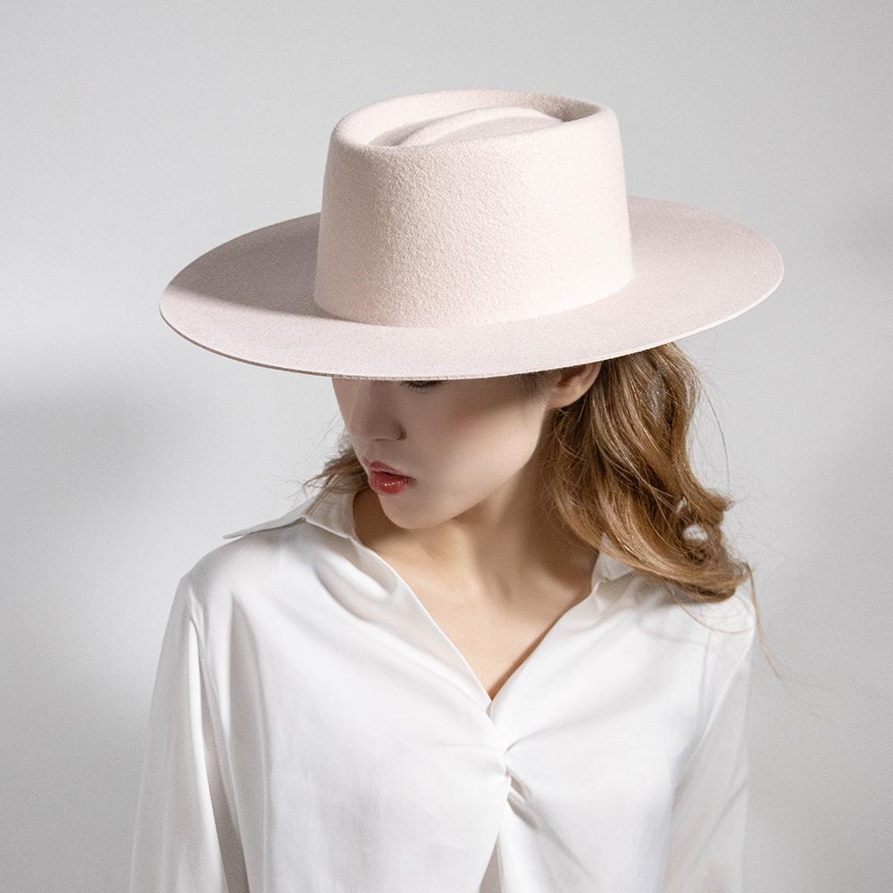 European and American Fashion Casual Crease Ring Top Big Brim Wool Top Hat British Warm Catwalk Felt Hat