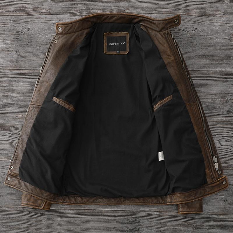 Chinese Size Men Leather Jacket Style Brown Genuine Cowhide Coat Soft Slim Fit Spring Vintage