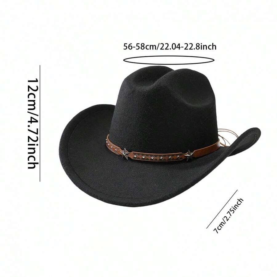 Western Style Cowgirl Hat With Star Leather Band Wide Brim Fedora For Adults