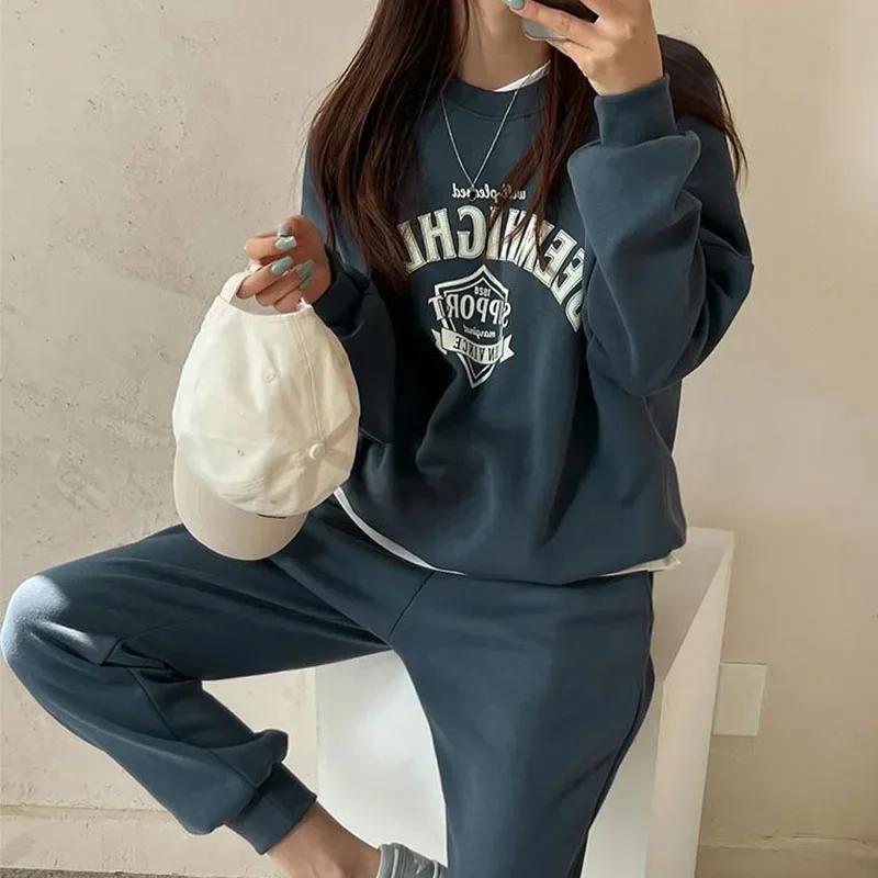 Women Casual Tracksuit Sweatshirts+Pants 2Pcs Sets Fashion Letter Printed Autumn Winter Fleece Thicken Warm Ladies Sports Outfit