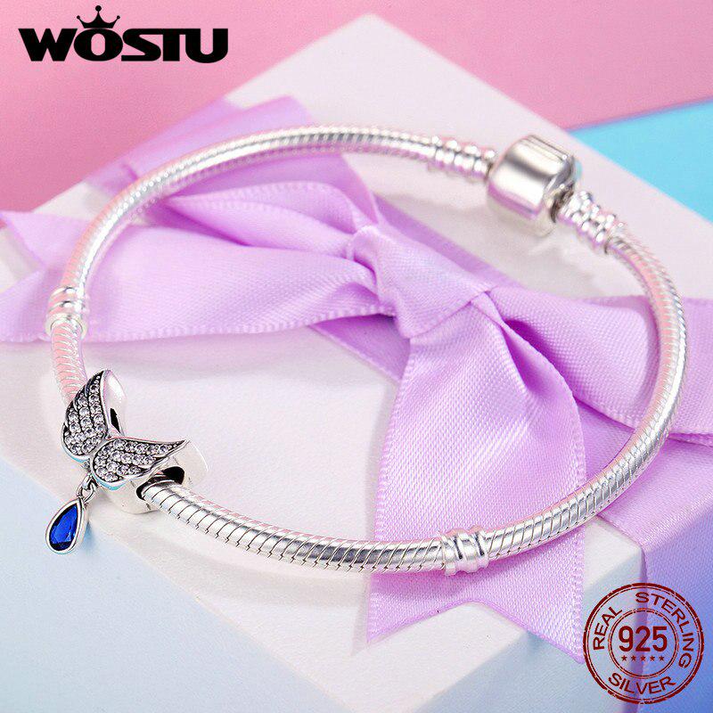 WOSTU Hot Sale Real 925 Sterling Silver Angel Wings Feather Pendant Charm Fit Women Bracelet