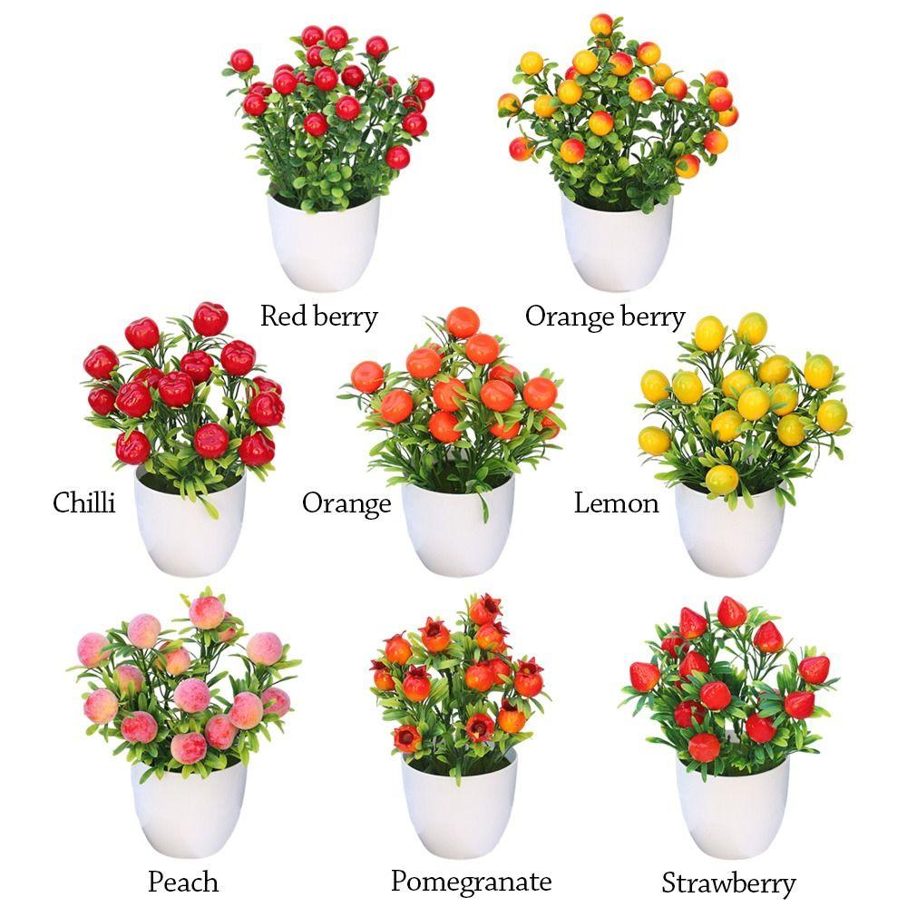 Multicolor Artificial Fruits Bonsai White Flowerpot Orange Peach Strawberry Fruit Tree Potted Pomegranate Lemon Photo Props