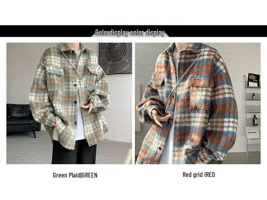 Hong Kong Retro Plaid Woolen Student Jacket: Loose Fit, Versatile Men's Long-Sleeve Top